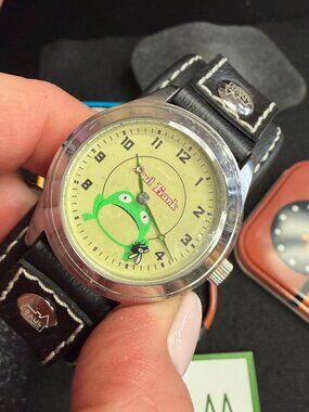 Vintage Paul Frank Frog & Fly Watch Leather Cuff Original Tin Box Y2K